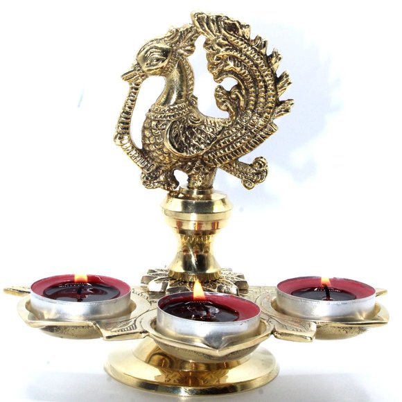 Handmade Solid Brass Peacock Tabletop 3 Tealight Candle holder Centerpiece Decor - Picture 12 of 12